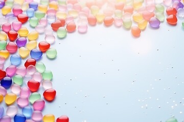 Fototapeta na wymiar spring. colored jelly beans in the shape of a heart are scattered on the table. confetti light background.. banner with an empty background on the right