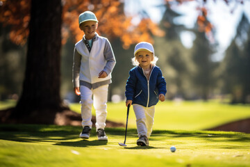 Young Siblings Playing Golf on a Sunny Autumn Day
