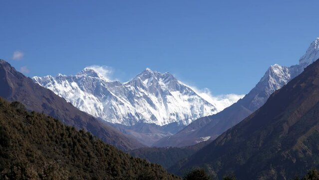 Observation point offers a breathtaking view of the valley of the Sagarmatha National Park with the Himalayan mountains in Nepal. This is where many base camp trackers see Everest for the first time