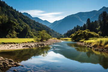 Fototapeta na wymiar landscape with river and mountains. Generative Ai