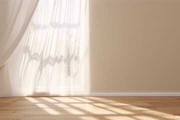 Fototapeta na wymiar Realistic 3D render of beautiful sunlight and window frame shadow on beige blank wall, white sheer curtains blowing in the wind in an empty room. Shiny new wooden parquet floor. generative ai.