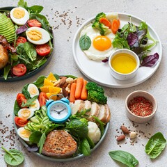 Vegetable plates with meat, fish and eggs. Complete diet for the day. Various breakfasts, lunches, snacks. Time to eat healthy foods. Eating by the hour. Health concept.
