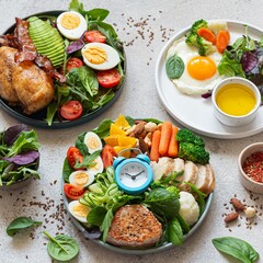 Vegetable plates with meat, fish and eggs. Complete diet for the day. Various breakfasts, lunches, snacks. Time to eat healthy foods. Eating by the hour. Health concept.