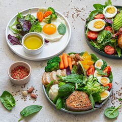 Vegetable plates with meat, fish and eggs. Complete diet for the day. Various breakfasts, lunches, snacks. Time to eat healthy foods. Eating by the hour. Health concept.