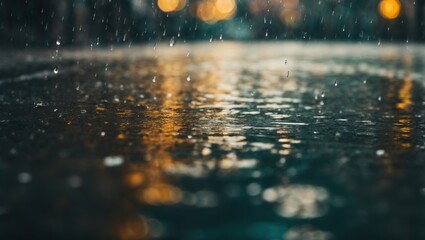 Rain drops drip into the water, which is very clear, against a blurred background. Generative ai