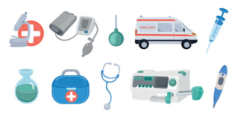 Medical hospital equipment set: blood pressure monitor, thermometer, ambulance, medications, microscope, phonendoscope, syringe, infusion pump, dropper. Healthcare concept, vector illustration.
