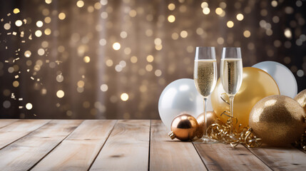 Two glasses of champagne on the wooden table with party ornament and balloons in white and gold...