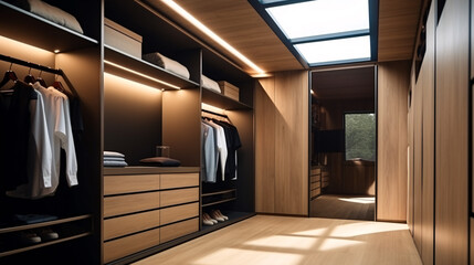 Walk in closet with luxury warm wooden wardrobe and drawer storage decorated with beautiful lighting, modern and minimal style walk in wardrobe and dressing room interior design. - obrazy, fototapety, plakaty