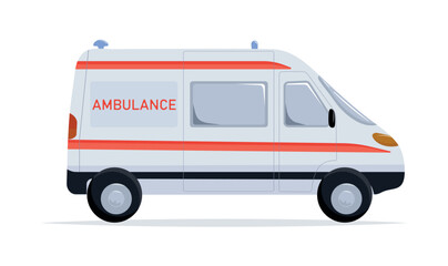Ambulance car isolated on white background. Medical vehicle, first aid. Healthcare concept, vector illustration.
