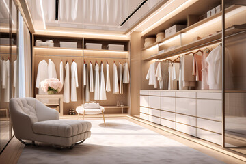 White and beige wood women walk in closet, with warm wooden wardrobe, white drawer and armchair, modern luxury mixed with minimal style feminine dressing room interior design.