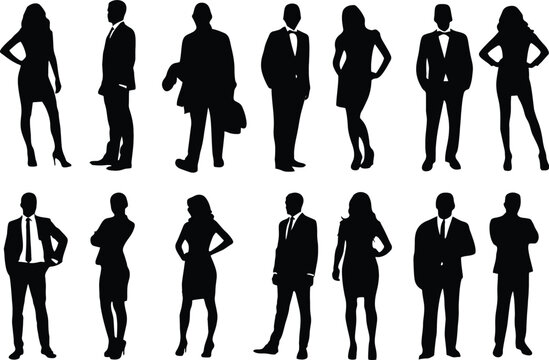 Silhouettes of business people on white background in editable vector. Business men and women, successful and happy. Business figures, deal expert for marketing and sale poster or banner. eps 10.