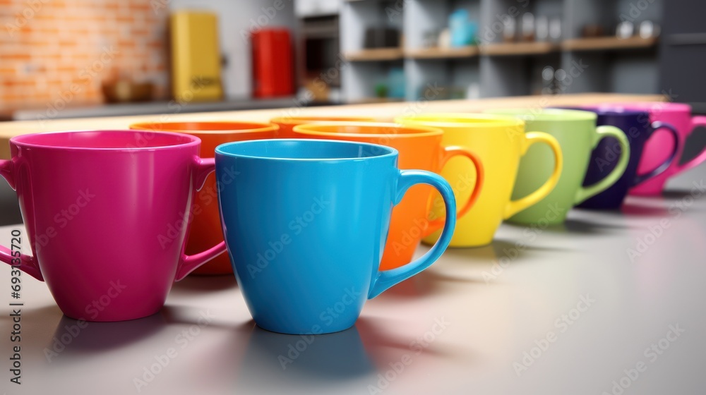 Poster  a row of colorful coffee mugs sitting on top of a counter next to a shelf of other colored coffee mugs on top of a white counter in a kitchen.