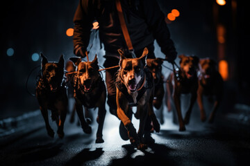 Runners wearing headlights and reflective equipment run with dogs on leashes at night