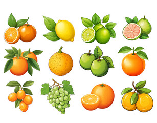 citrus fruits with leaves illustration on transparent background