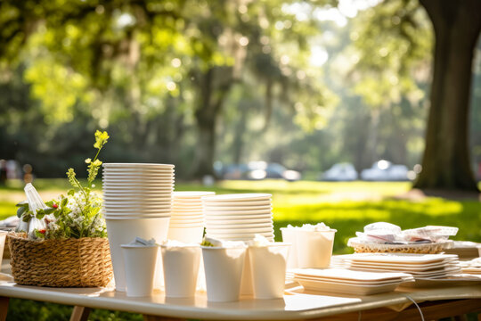 Biodegradable picnic, table set with compostable plates, utensils, and cups, surrounded by a lush park, a celebration of nature-friendly alternatives.
