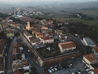 Italy, December 13, 2023 - aerial view of the town of Tavullia in the province of Pesaro and Urbino in the Marche region. We are on the border with Romagna