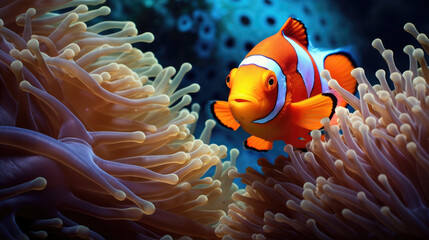 Naklejka na ściany i meble illustration of a clownfish next to a reef generative ai