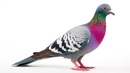 Colorful urban pigeon, a common bird found in cities, displaying a variety of plumage colors, isolated on a white background
