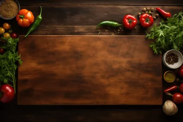 Deurstickers Food cooking background, ingredients for preparation vegan dishes, vegetables, roots, spices and herbs. Old cutting board. Healthy food concept. Rustic wooden table background, top view   © Александр Марченко