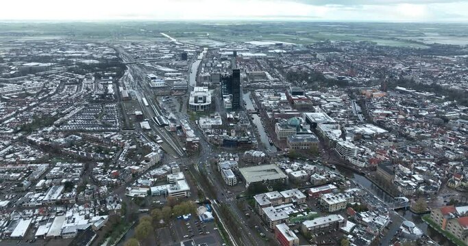 Cloudy day in the city of Leeuwarden, downtown, city center. The Netherlands.