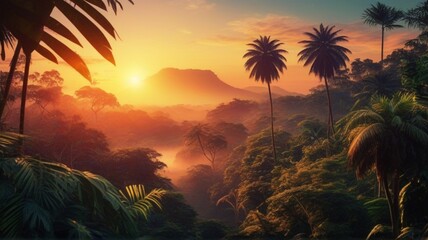 Colorful sunset landscape in the jungle of amazon  - obrazy, fototapety, plakaty
