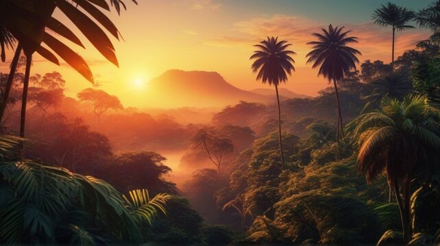 Colorful sunset landscape in the jungle of amazon 