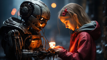 Innocence meets innovation: Child holding a candle faces a robot, a poignant illustration symbolizing the blend of youthful wonder and technological progress.