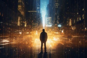 A businessman stands in a cityscape where a mix of achievements and future plans are superimposed on the cityscape. concept of modern life