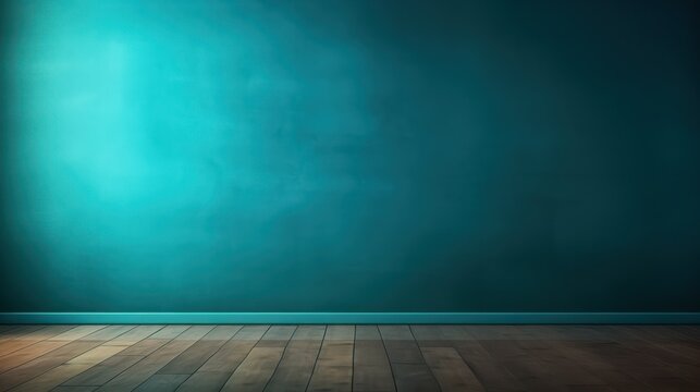 Interior background for presentations featuring an empty wall in blue turquoise and a wooden floor, illuminated with captivating glare from the window