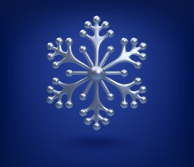 Silver snowflake on a blue background. 3d vector realistic icon of ice crystal. Christmas and New Year decoration, symbol of winter season, cold, frost. Design element for meteorology, weather report - 693138971