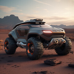 Obraz premium 3D rendering of a brand-less generic SUV in the desert. AI.