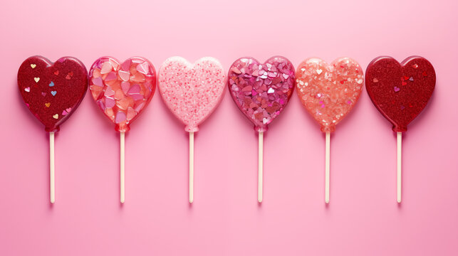 
shiny candy heart shaped lollipop isolated on pink pastel background