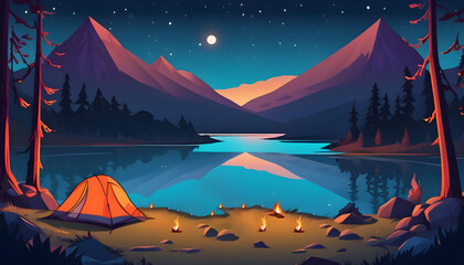 Camping by the lake in the mountains at night. Generative AI