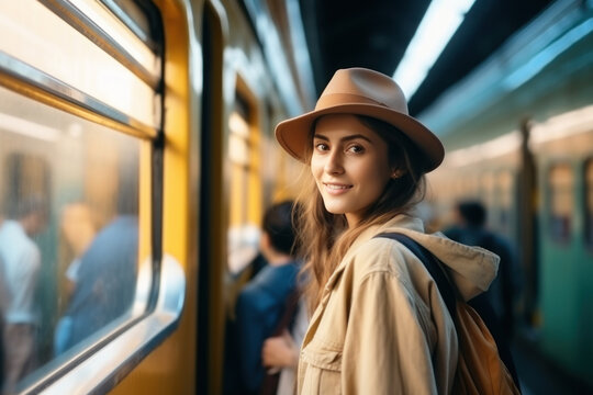 A young woman sets out on a journey on her own, using a train to travel. and tourists travel with locals on trains.