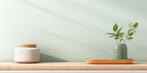 Minimal, cozy product presentation background with modern branding, featuring a wood top green podium, white wall plant vase, and kitchenware.