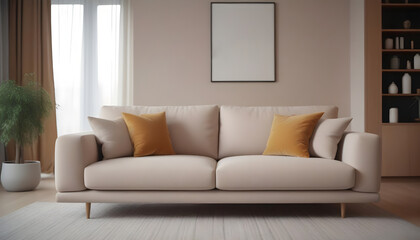 Interior of modern living room with sofa. 3d render illustration. Generative AI