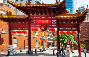Chinese Pagoda in Chinatown Melbourne, an ethnic enclave with laneways, alleys and arcades. Established in the 1850s, it is the oldest Chinatown in the Southern Hemisphere. Australia 2019