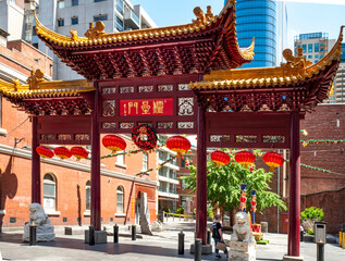 Chinese Pagoda in Chinatown Melbourne, an ethnic enclave with laneways, alleys and arcades. Established in the 1850s, it is the oldest Chinatown in the Southern Hemisphere. Australia 2019