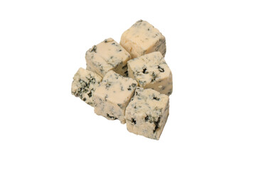 Blue cheese cubes isolated on a white background.