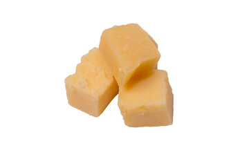 Cheese cubes isolated on a white background.