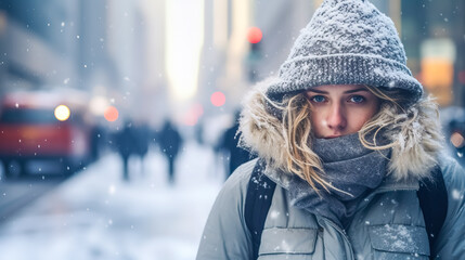 Bundled up against a winter chill, a person faces the snowy cityscape, epitomizing urban winter life. woman portrait - obrazy, fototapety, plakaty