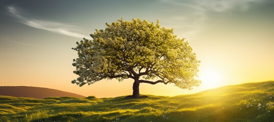 Breathtaking spring sunrise with a magnificent blossoming tree in a picturesque lush green meadow