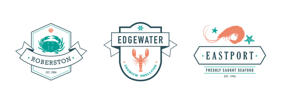 Set of vector seafood logos. Vector illustration fish market and restaurant emblems, shrimp crab lobster silhouettes. Seafood menu, bisto logo.