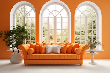 Cozy loveseat sofa by the orange seated near an arched window
