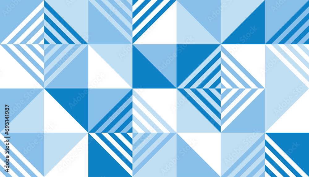 Poster geometrical abstract background in blue color. tile mosaic pattern of squares and triangles. winter 