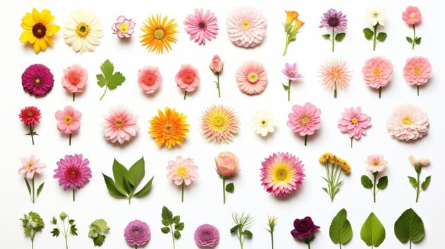  a bunch of different types of flowers on a white surface with green leaves and pink and yellow flowers on each side of the flowers, all arranged in a single row.