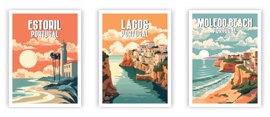 Moledo Beach, Lagos, Estoril Illustration Art. Travel Poster Wall Art. Minimalist Vector art. - obrazy, fototapety, plakaty