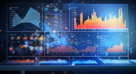 technology computer screen full of business or science graphs and charts data analytics