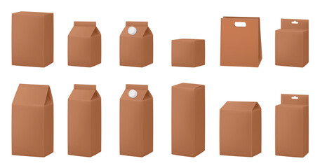 Brown boxes for dairy products. Blank cardboard package boxes mockup. Box set. Set of juice or milk cardboard package. Vector mockup set. Realistic carton package with cap. Hanging hole. Shopping bag