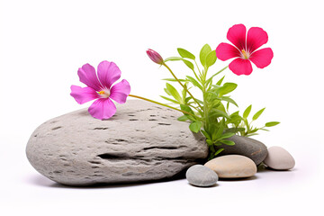 A flower and a rock are separated on a bright white background.